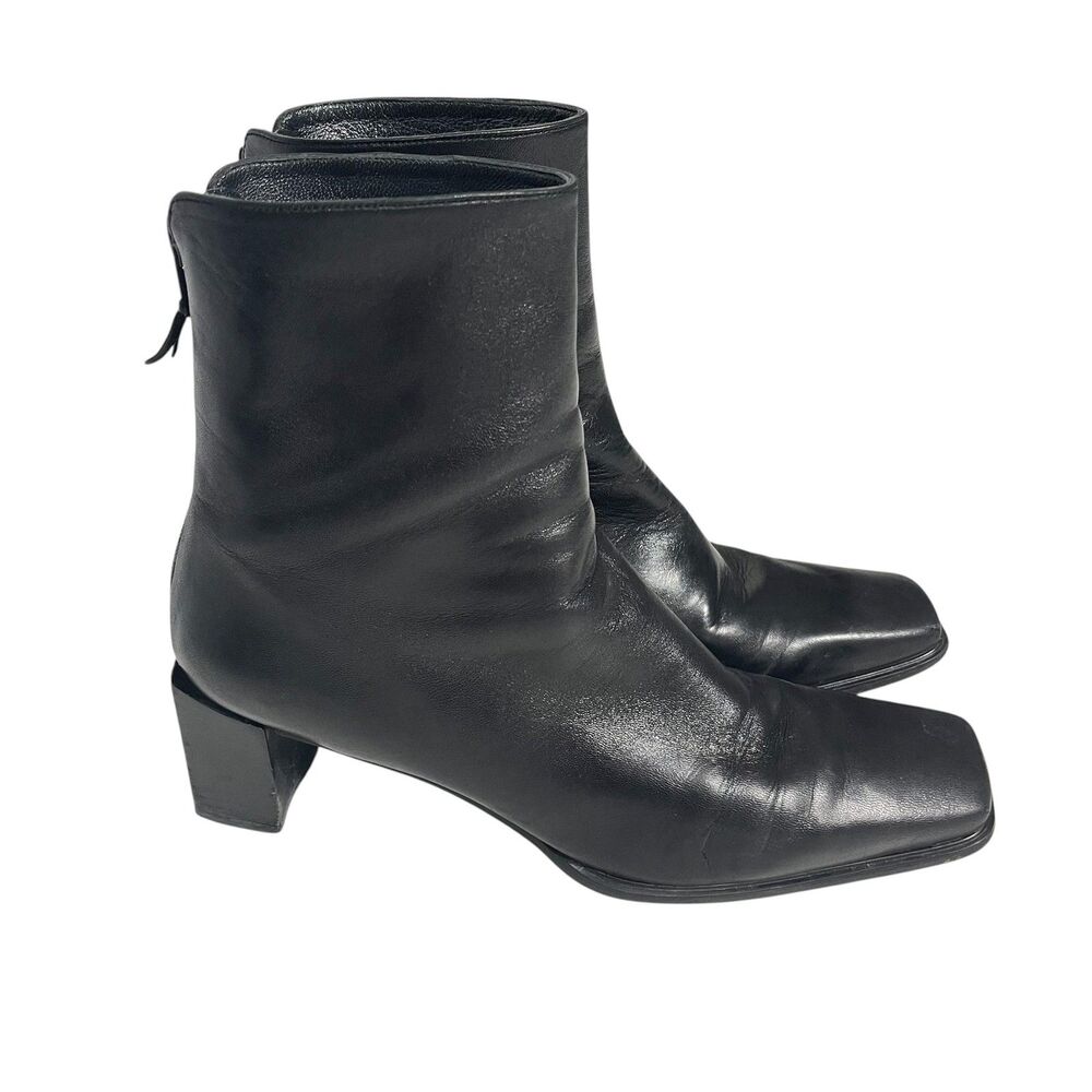 Stuart Weitzman Boots Womens Size 9.5 Black Leather Square Toe Block Heel Ankle